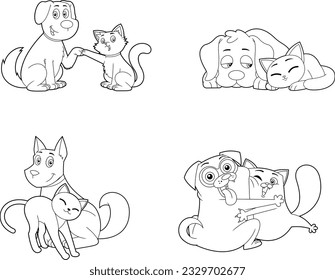 Outlined Dog And Cat Cartoon Characters Together. Vector Hand Drawn Collection Set Isolated On Transparent Background