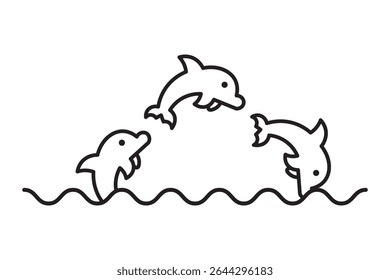 Outlined dolphins jumping over waves. Marine life illustration perfect for sea or nature themes.