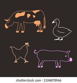 Outlined domestic animals on dark background. Colored contours of cow, goose, hen and pig.