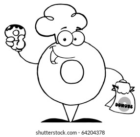 Outlined Donut Cartoon Character Holding A Donut