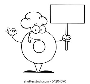 Outlined Donut Cartoon Character Holding A Blank Sign