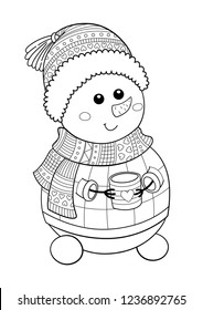 Outlined doodle anti-stress christmas coloring funny snowman wrearing sweater, scarf and hat.