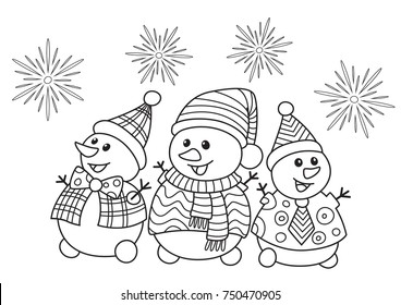 Outlined doodle anti-stress christmas coloring funny snowmans. Coloring book page for adults and children