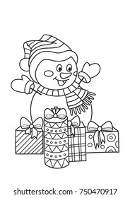 Outlined doodle anti-stress christmas coloring funny snowman with gifts. Coloring book page for adults and children