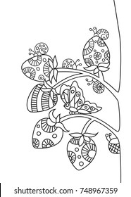 Outlined doodle anti-stress coloring berries and bugs. Coloring book page for adults and children