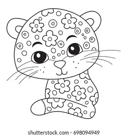 Outlined doodle anti-stress coloring book page cute leopard. For adults and children