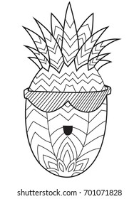 Outlined doodle anti-stress coloring book page funny pineapple. For adults and children
