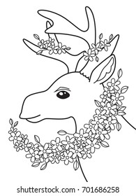 Outlined doodle anti-stress coloring book page deer with flowers. For adults and children