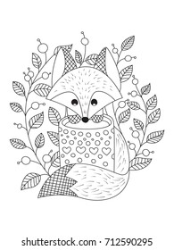 Outlined doodle anti-stress coloring book page cute fox with cup of tea. Coloring book page for adults and children.