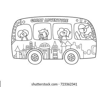 Outlined doodle anti-stress coloring book funny bus. Coloring book page for adults and children.