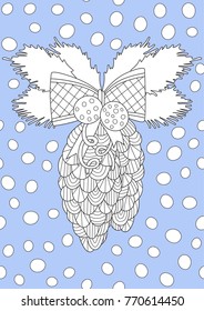 Outlined doodle anti-stress coloring book page christmas cones with bow and balls on the blue background. Coloring book page for adults and children