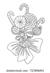 Outlined doodle anti-stress coloring candies and lollipops. Coloring book page for adults and children