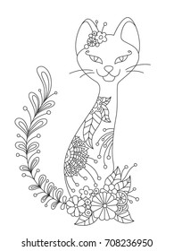 Outlined doodle anti-stress coloring cat and flowers. Coloring book page for adults and children