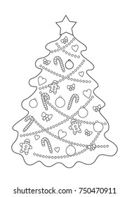 Outlined doodle anti-stress coloring christmas tree. Coloring book page for adults and children