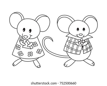 Outlined doodle anti-stress coloring christmas cute mice. Coloring book page for adults and children