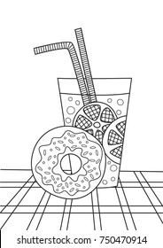 Outlined doodle anti-stress coloring cocktail and donut. Coloring book page for adults and children