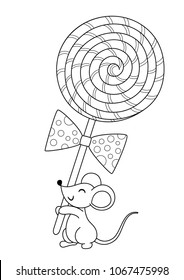 Outlined doodle anti-stress coloring  cute mouse holding lollipop (candy) with bow. Coloring book page for adults and children