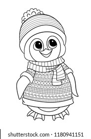 Outlined doodle anti-stress  coloring cute funny penguin. Coloring book page for adults and children