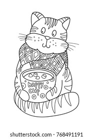Outlined doodle anti-stress coloring cute cat with cup of cocoa with marshmallow. Coloring book page for adults and children