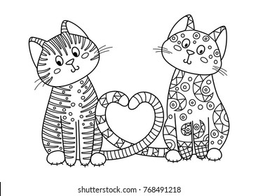 Outlined doodle anti-stress coloring cute two loving cat. Coloring book page for adults and children