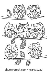 Outlined doodle anti-stress coloring cute cat hiding among the owls. Coloring book page for adults and children