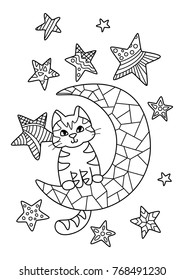 Outlined doodle anti-stress coloring cute cat sitting on the moon. Coloring book page for adults and children