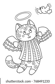 Outlined doodle anti-stress coloring cute cat angel and bird. Coloring book page for adults and children