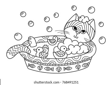 Outlined doodle anti-stress coloring cute cat swimming with duck toys. Coloring book page for adults and children