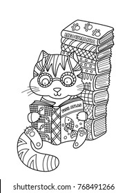 Outlined doodle anti-stress coloring cute cat is reading a book. Coloring book page for adults and children