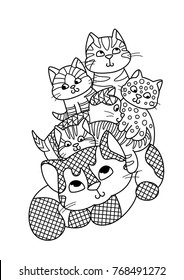 Outlined doodle anti-stress coloring cute mom cat with kittens. Coloring book page for adults and children