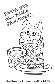 Outlined doodle anti-stress coloring cute cat sitting in the cup. Coloring book page for adults and children