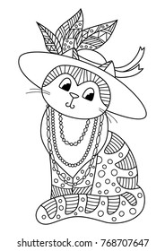 Outlined doodle anti-stress coloring cute cat dressed in the fashionable hat with feathers. Coloring book page for adults and children