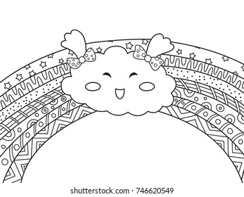 Outlined doodle anti-stress coloring funny cute cloud and rainbow. Coloring book page for adults and children