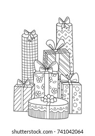 Outlined doodle anti-stress coloring gifts. Coloring book page for adults and children