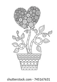 Outlined doodle anti-stress coloring heart-flower. Coloring book page for adults and children