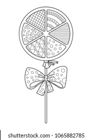 Outlined doodle anti-stress coloring lollipop (candy) with bow. Coloring book page for adults and children