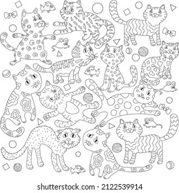 Outlined doodle anti-stress coloring page cute cats. Coloring book page for adults and children