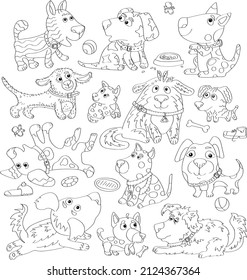 Outlined doodle anti-stress coloring page cute dogs. Coloring book page for adults and children