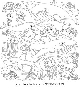 La página de colorear doodle anti estrés delineó los lindos animales marinos y peces. Página del libro de coloración para adultos y niños, ilustración