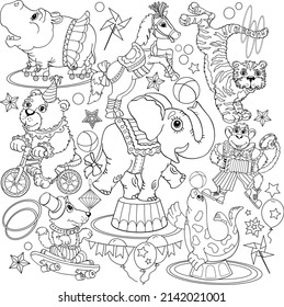 Outlined doodle anti-stress coloring page cute animals. Coloring book page for adults and children