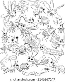 La página de doodle anti-estrés delineó bichos lindos y otros insectos. Página del libro de coloración para adultos y niños