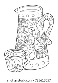 Outlined doodle anti-stress coloring page beautiful jug and cup. Coloring book page for adults and children