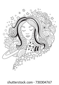 Outlined doodle anti-stress coloring page beautiful girl with stars and planets. Coloring book page for adults and children