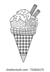 Outlined doodle anti-stress coloring page tasty ice cream balls in the cone. Coloring book page for adults and children