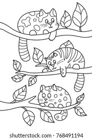 Outlined doodle anti-stress coloring page cute cats cats are lying on the branches. Coloring book page for adults and children