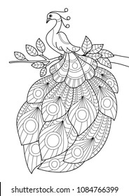 Outlined doodle anti-stress coloring peacock. Coloring book page for adults and children