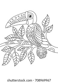 Outlined doodle anti-stress coloring toucan. Coloring book page for adults and children