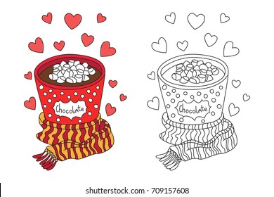 Outlined doodle anti-stress coloring wrapped up in scarf cup of hot chocolate with marshmallow. Coloring book page for adults and children