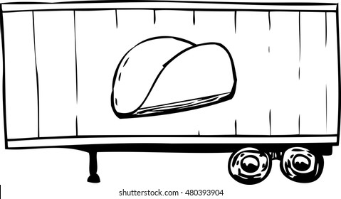 Outlined doodle of truck trailer with taco shell symbol on side
