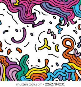 Outlined Doodles With Colourful Waves Vector Background. Handmade vector art.